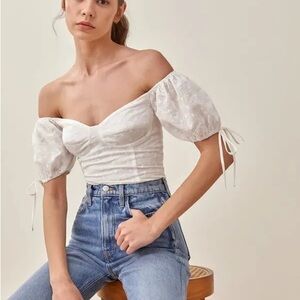 Reformation White Puff Sleeve Bustier Blouse